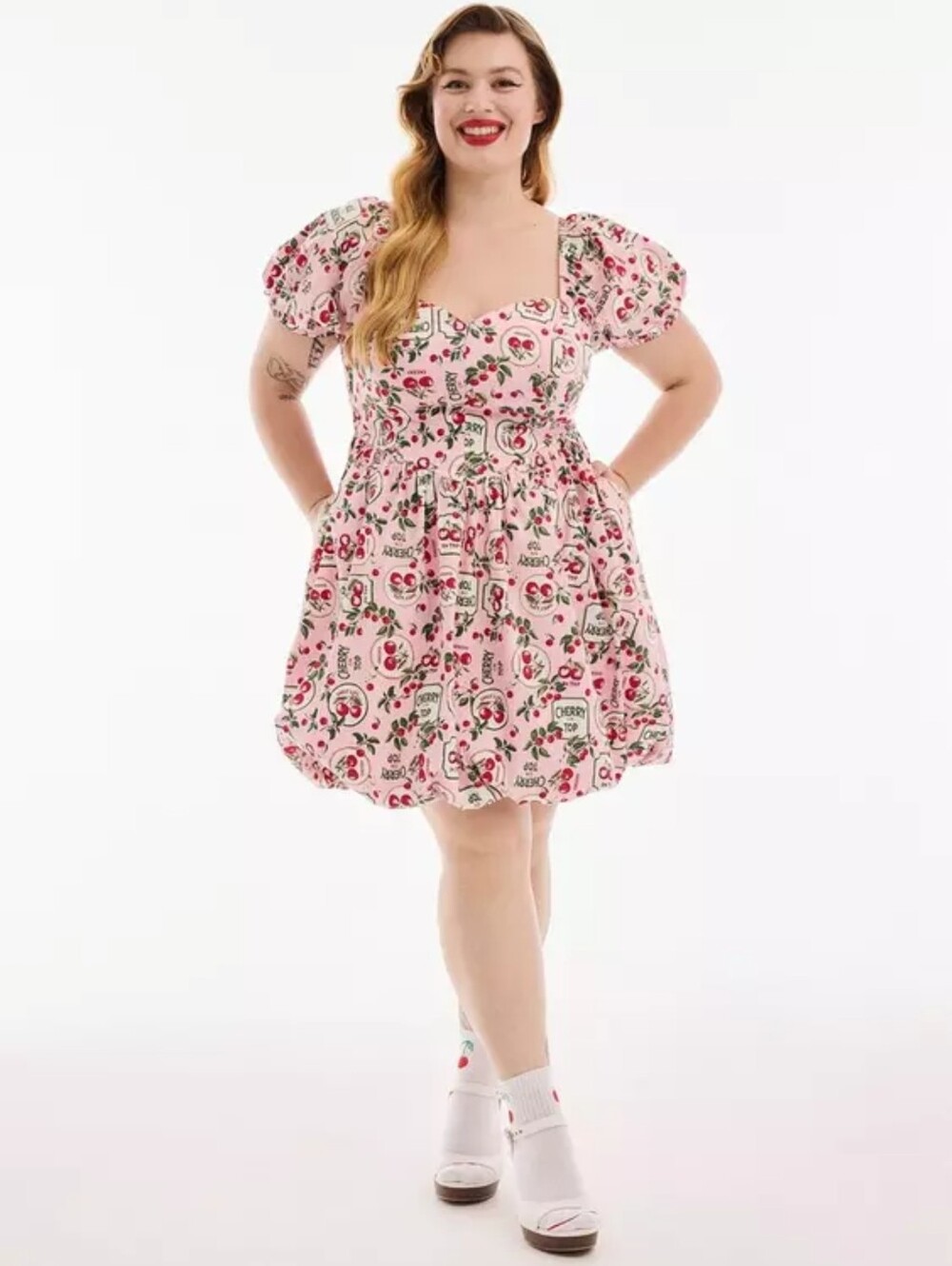 Retro Chic Bubble Mini Dress Pink Cherry Print Puff-Sleeve Size 30